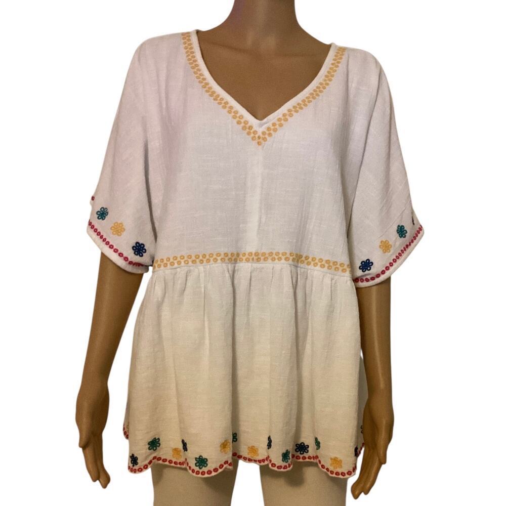 Lane Bryant Embroidered Babydoll Top Peasant Blouse V-neck women’s sz 16